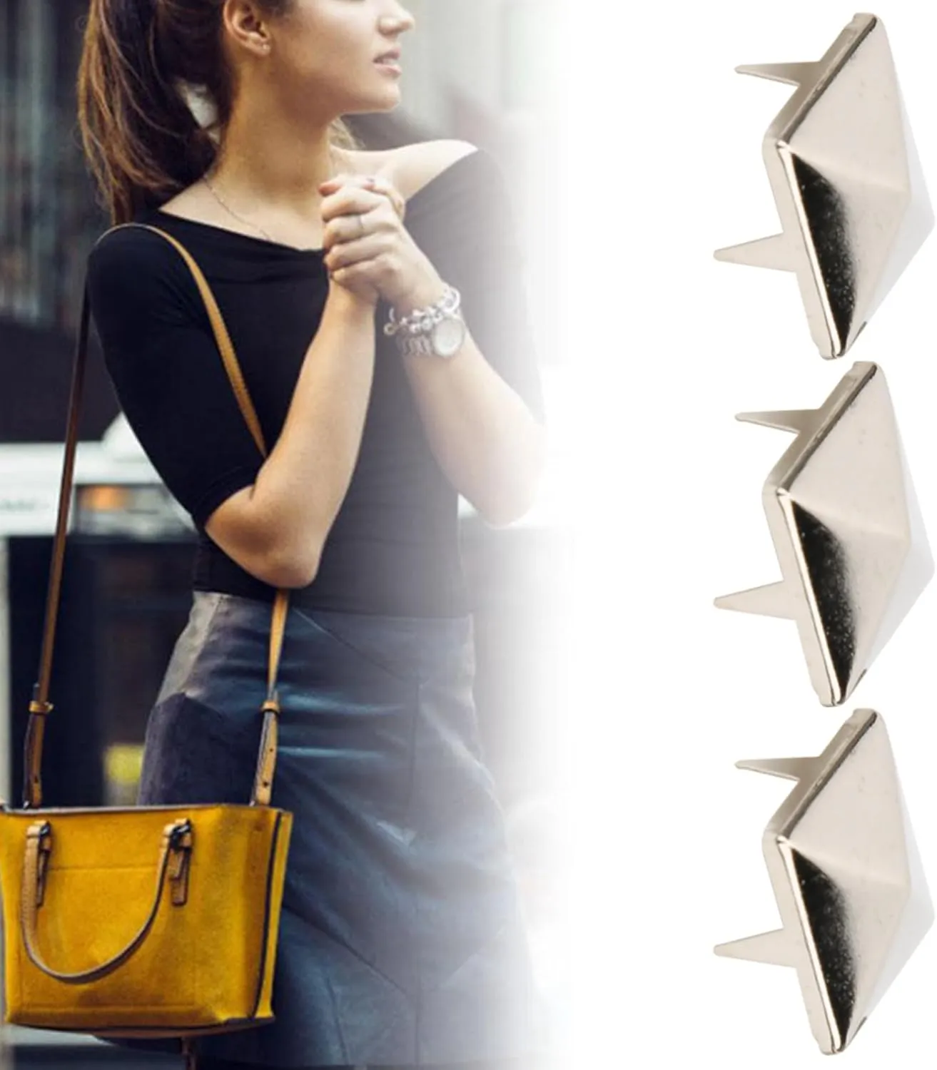 Respicefinem 100 Pieces Square Pyramid Studs Punk Rivets 4 Claw Metal Studs Silver Metal Studs and Spikes for Clothing Shoes Handbag Bracelets Belt Accessories (10MM)