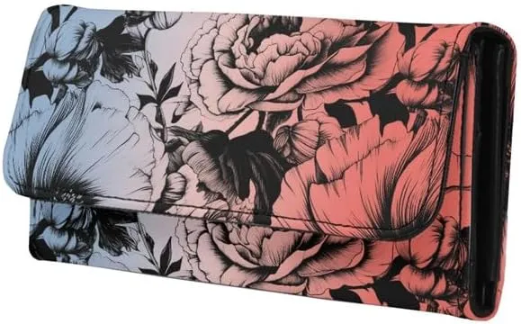 Sketch Peony Womens Wallets Leather Clutch, Blue Pink Gradient Aesthetic Floral Credit Card Holder with Coin Purse ID Window Retro Flowers Long Wallet for Women