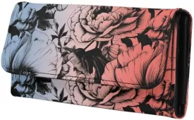 Sketch Peony Womens Wallets Leather Clutch, Blue Pink Gradient Aesthetic Floral Credit Card Holder with Coin Purse ID Window Retro Flowers Long Wallet for Women