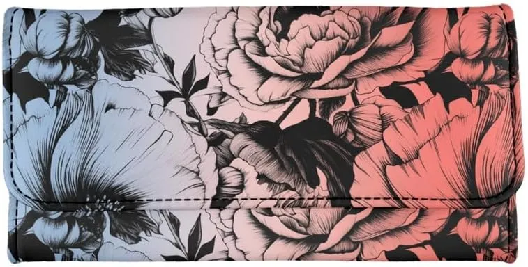 Sketch Peony Womens Wallets Leather Clutch, Blue Pink Gradient Aesthetic Floral Credit Card Holder with Coin Purse ID Window Retro Flowers Long Wallet for Women