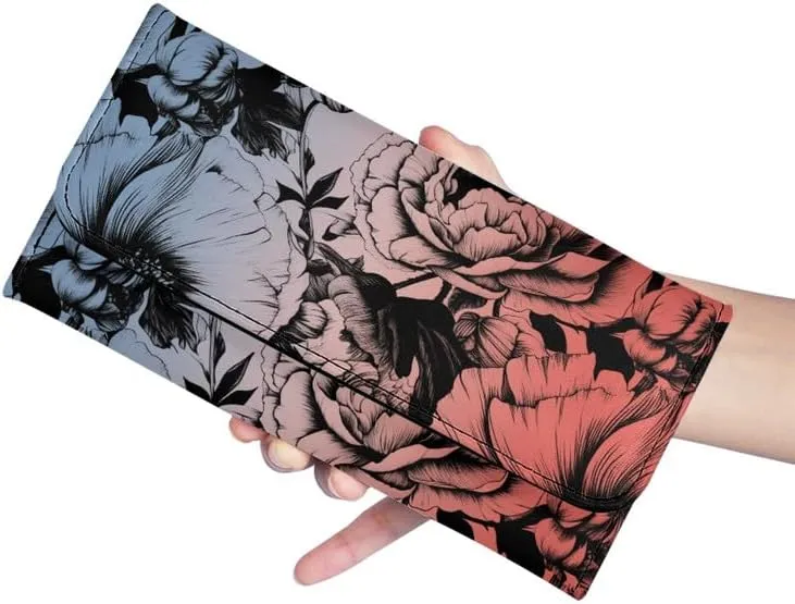 Sketch Peony Womens Wallets Leather Clutch, Blue Pink Gradient Aesthetic Floral Credit Card Holder with Coin Purse ID Window Retro Flowers Long Wallet for Women