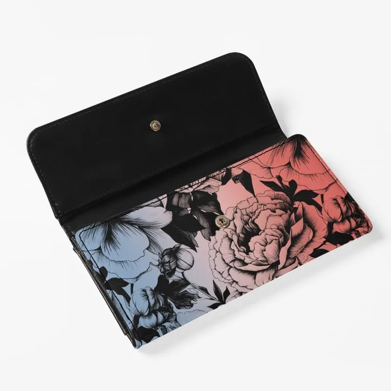 Sketch Peony Womens Wallets Leather Clutch, Blue Pink Gradient Aesthetic Floral Credit Card Holder with Coin Purse ID Window Retro Flowers Long Wallet for Women