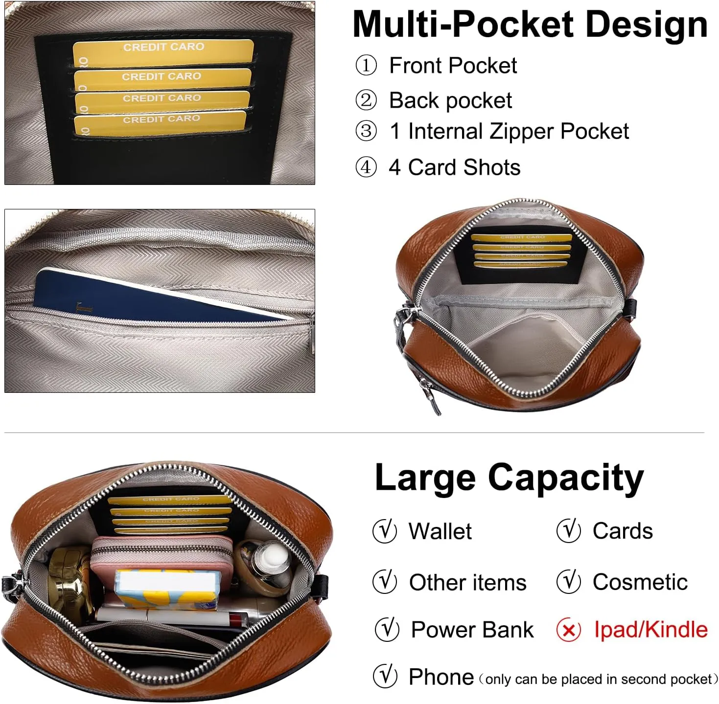 Small Crossbody Bags for Women Genuine Leather, Guitar Strap Shoulder Handbag Purse Camera Bag with Rfid Card Slots