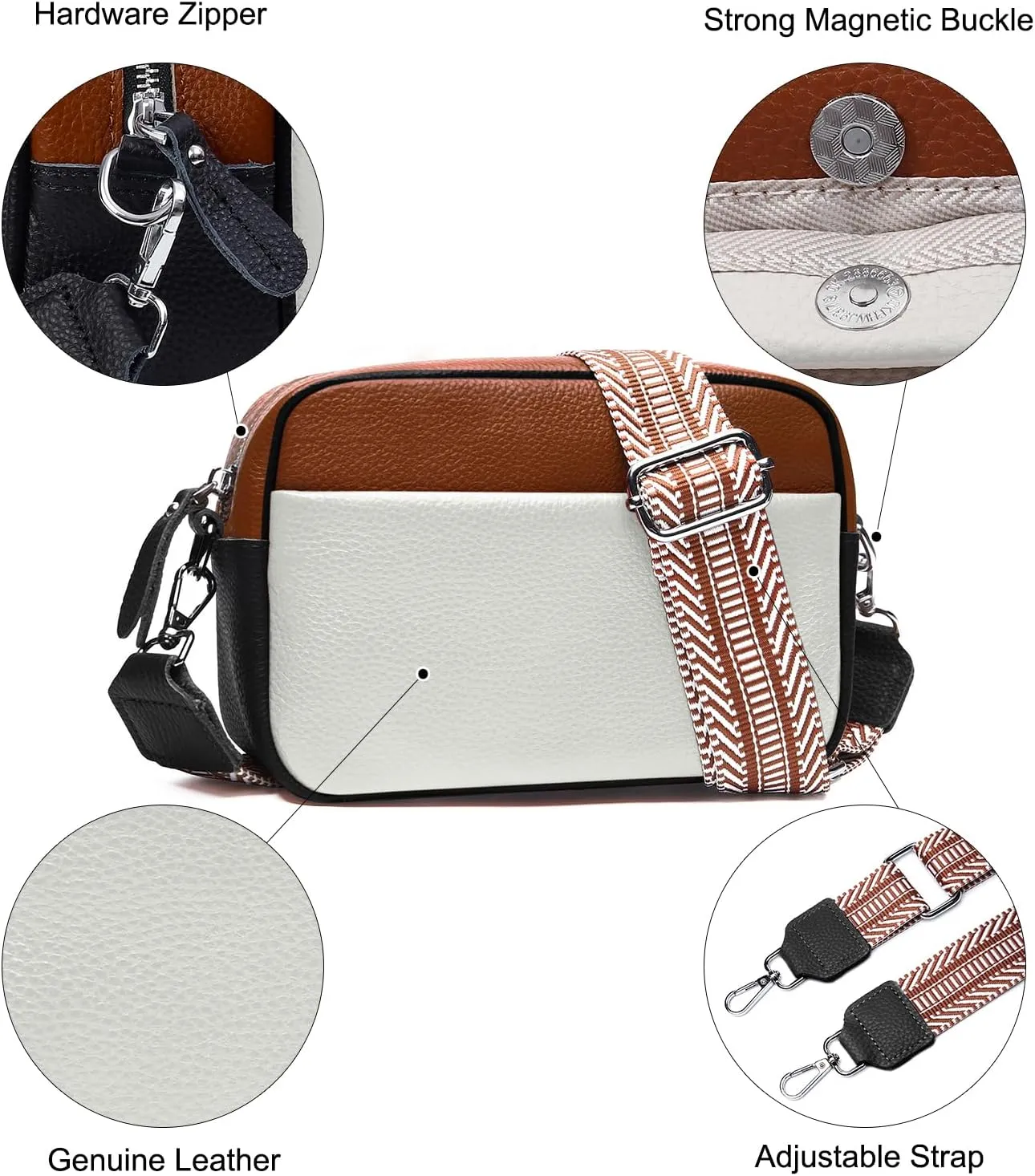 Small Crossbody Bags for Women Genuine Leather, Guitar Strap Shoulder Handbag Purse Camera Bag with Rfid Card Slots