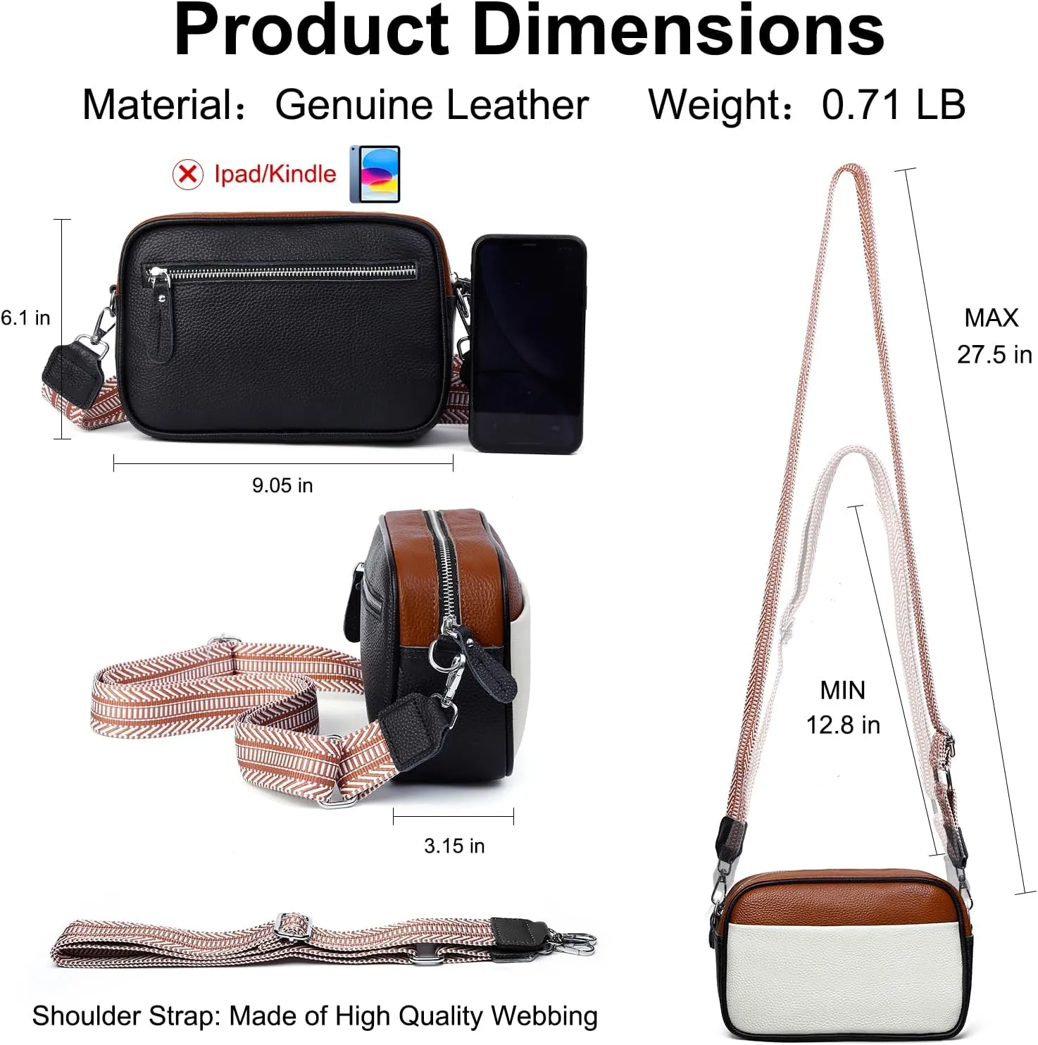 Small Crossbody Bags for Women Genuine Leather, Guitar Strap Shoulder Handbag Purse Camera Bag with Rfid Card Slots
