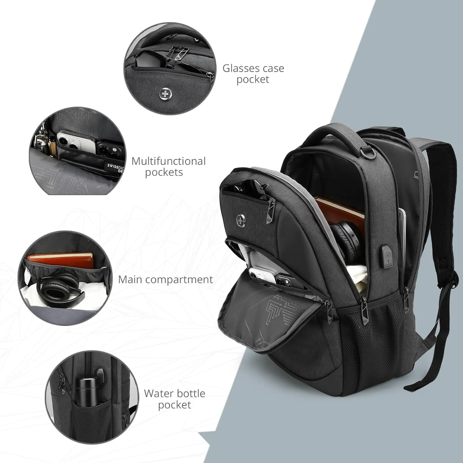 Swissdigital Design Travel Laptop Backpack for Men and Women, College Backpack with USB Charging Port for Fits 16 Inch Notebook, Grey | ANDWIL