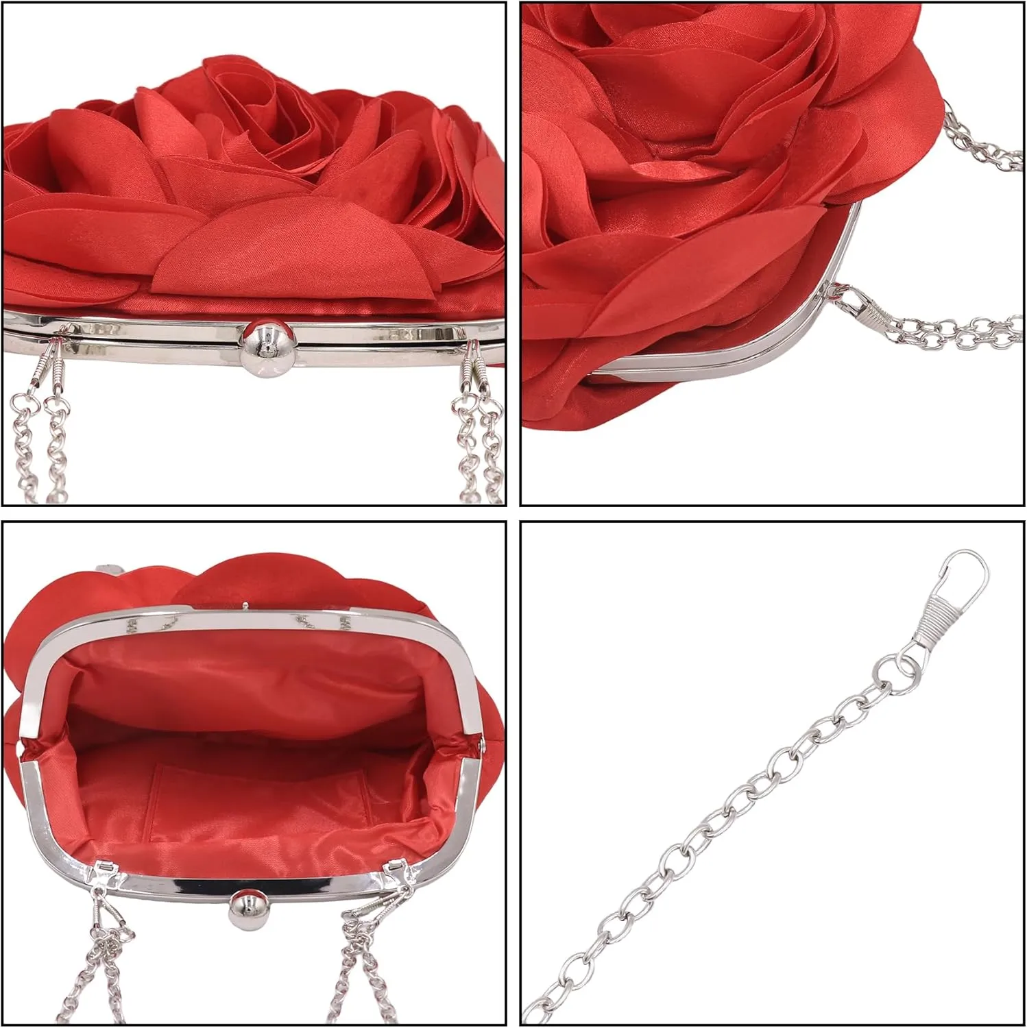 Women Evening Clutch Bag Fashion Rose Floral Satin Small Purse Handbag with Detachable Strap for Wedding,Evening Party, Prom