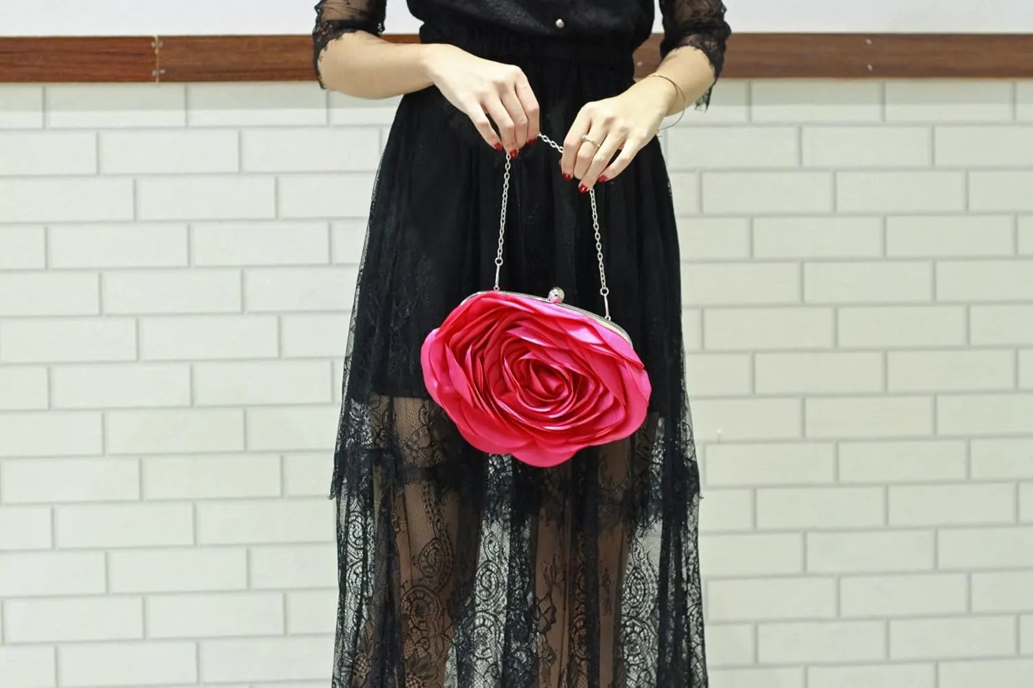 Women Evening Clutch Bag Fashion Rose Floral Satin Small Purse Handbag with Detachable Strap for Wedding,Evening Party, Prom