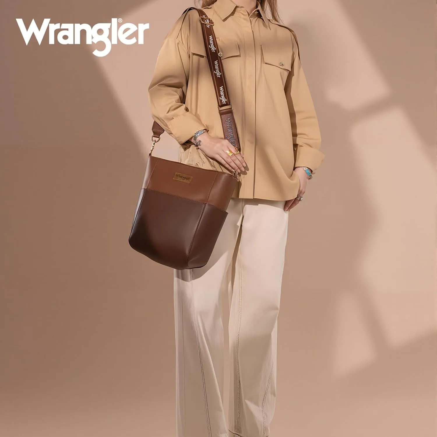 Wrangler MEDIUM Crossbody Bag for Women Vegan Leather Bucket Handbags with Guitar Strap