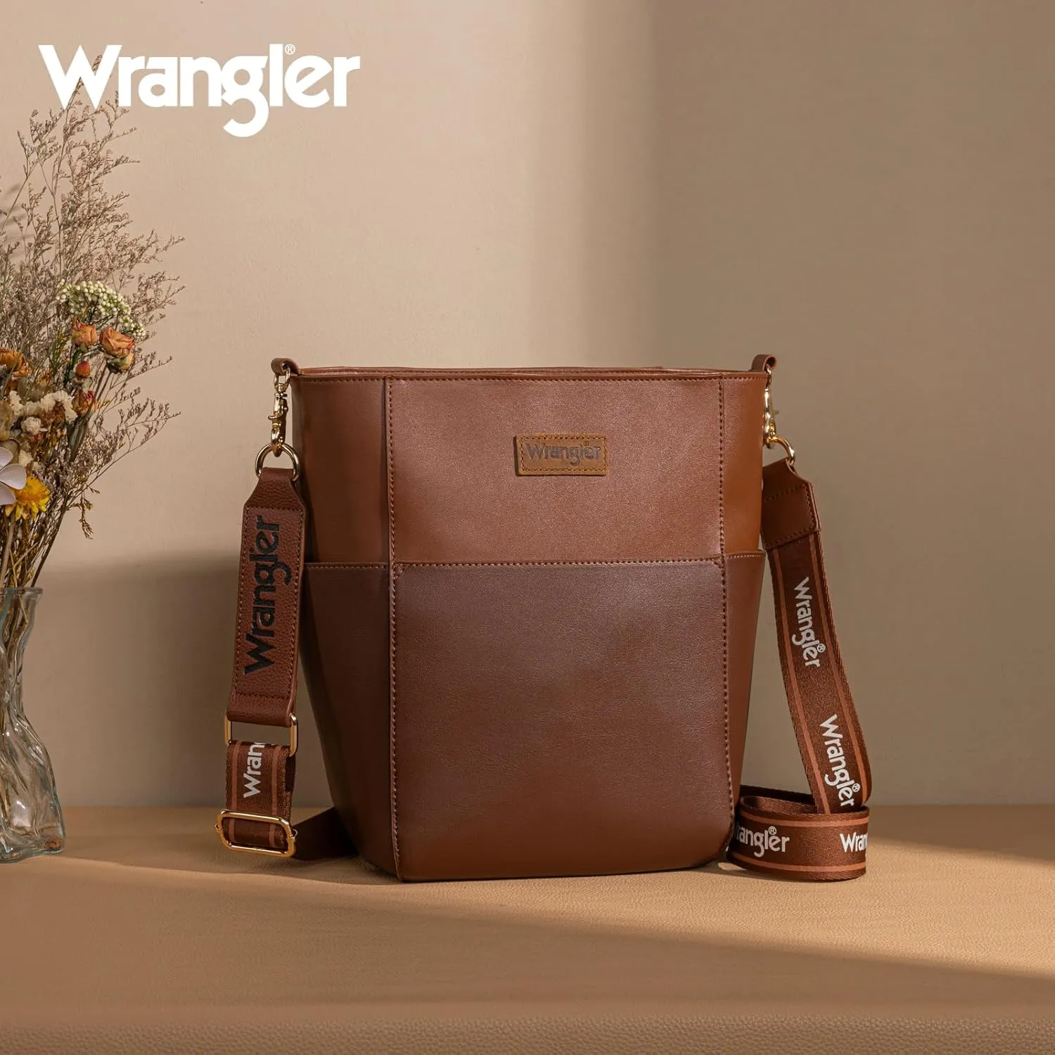 Wrangler MEDIUM Crossbody Bag for Women Vegan Leather Bucket Handbags with Guitar Strap